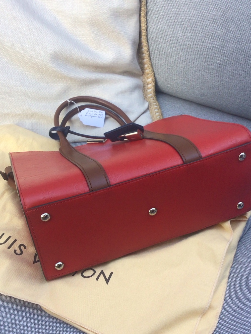 Louis Vuitton Red and Brown Leather Satchel with Navy Tag - Picture 7 of 7